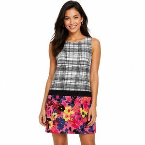 LOFT Dress Womens 4 Black White Plaid Floral Sleeveless Shift Lined Short